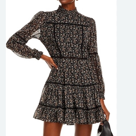 Aqua Dresses & Skirts - Aqua Ditsy Floral Black Dress Ruffle High Neck Embroidery Small Whimsigoth Boho